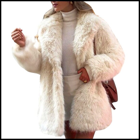 Jackets & Blazers - Long Faux Fur Coat Elegant Winter Jacket Fluffy Lapel Fuzzy Cozy Chic